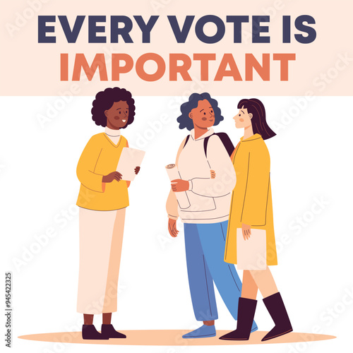 Illustration depicting diverse female voters engaging in the election process. Highlights a sense of democracy, voice, and choice.