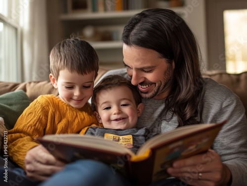 Heartwarming portrait of parents sharing a story with their child in a cozy living room setting