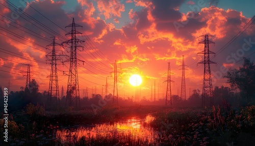 Sunrise solar power concept high voltage pylons transfer sustainable electricity 