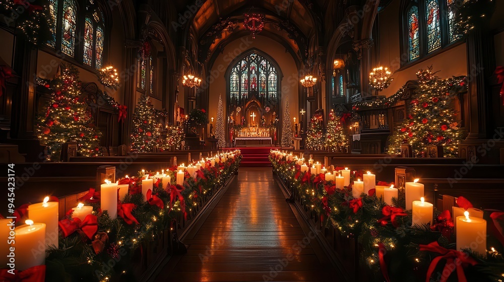 enchanting candlelit church interior warm golden glow illuminating ornate decorations evergreen garlands and red ribbons adorning pews creating magical christmas ambiance enchanting candlelit church interior warm golden glow illuminating ornate decorations evergreen garlands and red ribbons adorning pews creating magical christmas ambiance