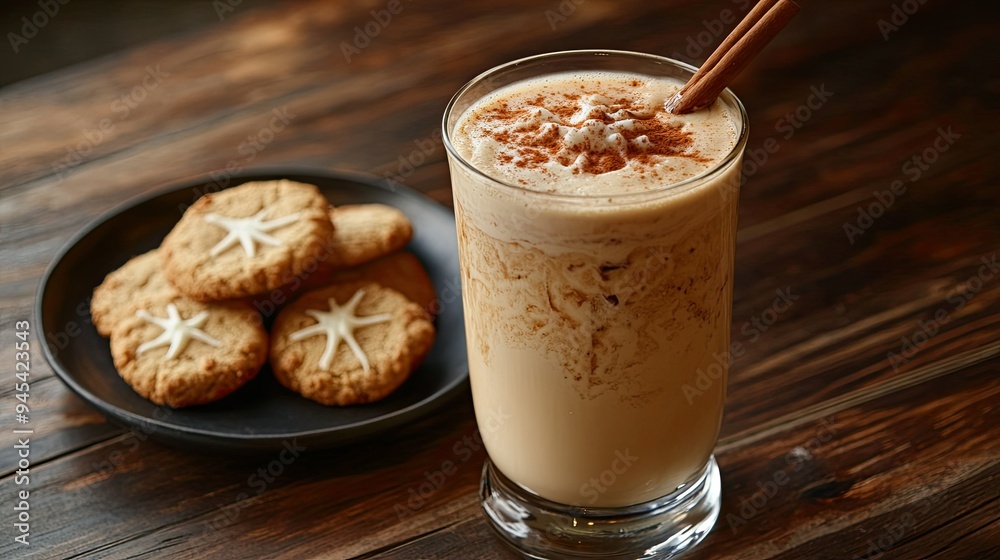 A glass of iced chai latte with a cinnamon stick garnish, served with a plate of cookies on a wooden table A glass of iced chai latte with a cinnamon stick garnish, served with a plate of cookies on a wooden table