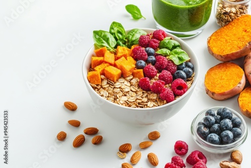 A healthy breakfast bowl with oats, fruits, and greens for a nutritious start to the day.