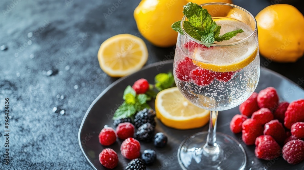 A glass of sparkling water with lemon slices and mint leaves, served with a plate of fresh summer fruits A glass of sparkling water with lemon slices and mint leaves, served with a plate of fresh summer fruits