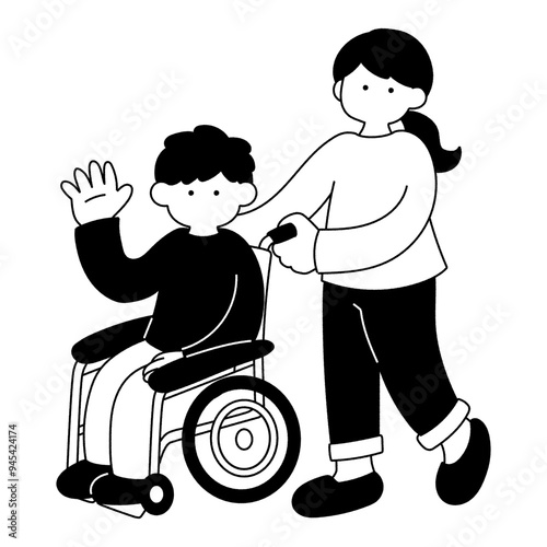 車いすの男性と車いすをおす女性の単色イラスト
