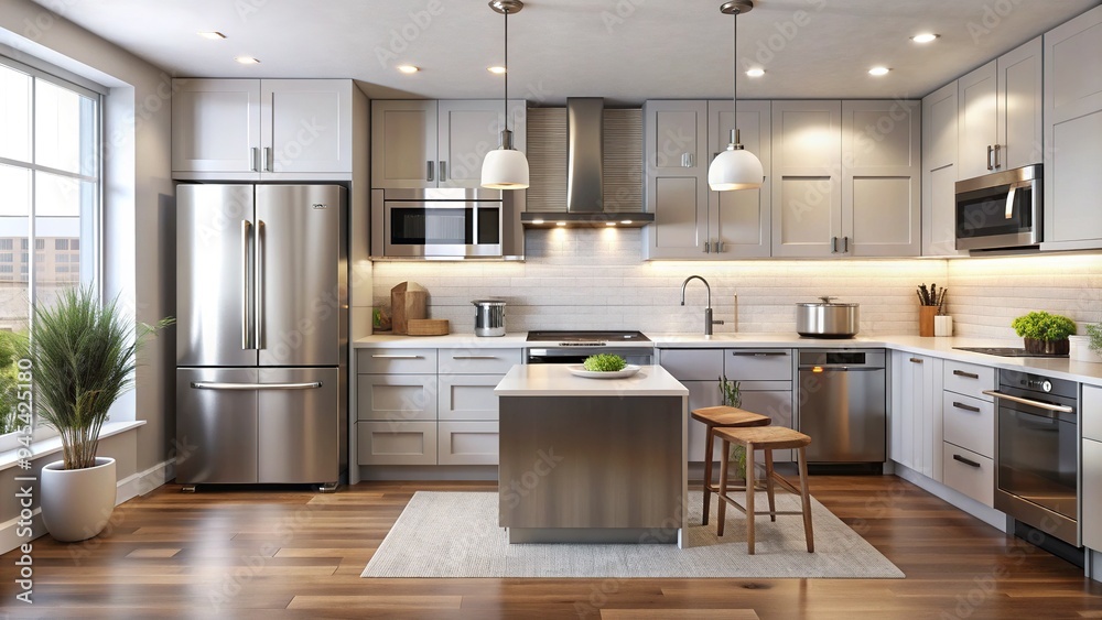 Modern kitchen with sleek stainless steel appliances, including refrigerator, stove, and microwave, set against a clean, white, and minimalist background with neutral countertops. Modern kitchen with sleek stainless steel appliances, including refrigerator, stove, and microwave, set against a clean, white, and minimalist background with neutral countertops.