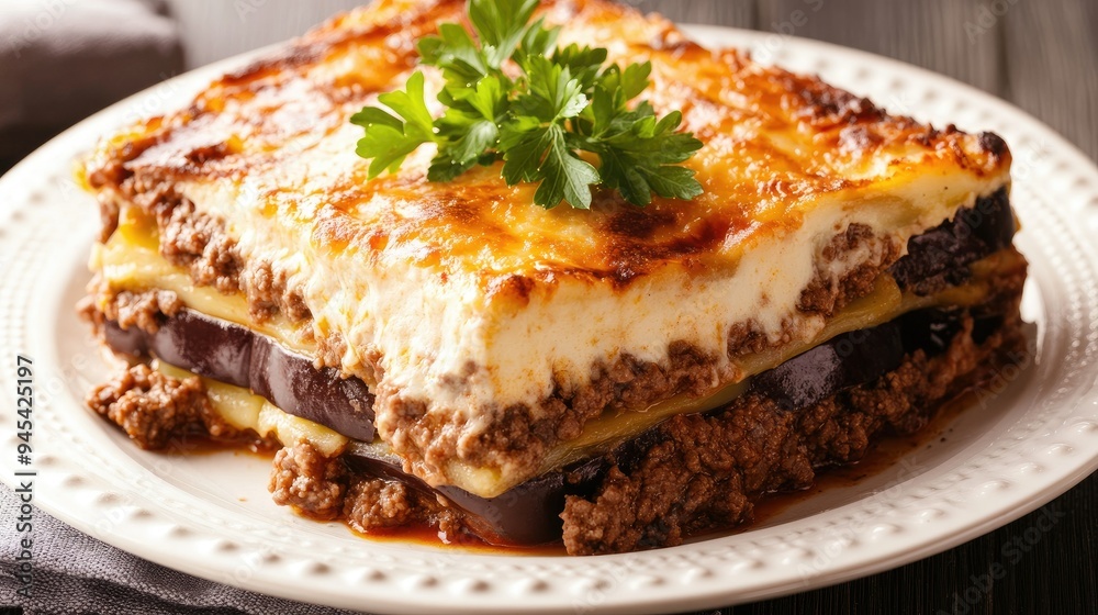 A plate of traditional Greek moussaka with layers of eggplant, ground beef, and chamel sauce, garnished with fresh parsley