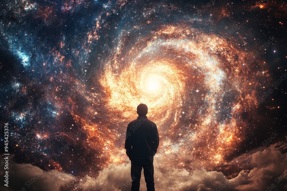 An entrancing picture showcasing a silhouetted figure gazing into a vibrant cosmic spiral, full of bright stars and deep space elements, invoking mysticism and introspection. An entrancing picture showcasing a silhouetted figure gazing into a vibrant cosmic spiral, full of bright stars and deep space elements, invoking mysticism and introspection.