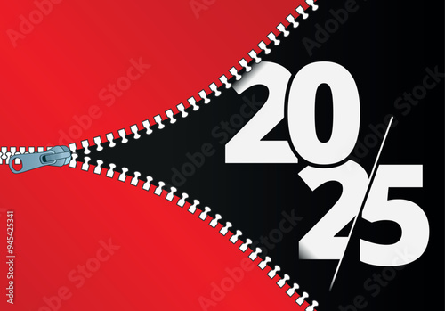 2025 Happy New Year unveiling, Zipper teeth vector revealing the transition of new year, suitable for greeting card, banner, poster, template etc