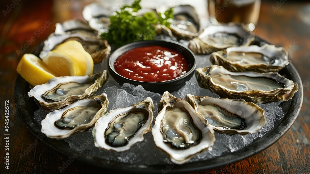 A platter of freshly shucked oysters on a bed of ice, served with lemon wedges and a side of cocktail sauce A platter of freshly shucked oysters on a bed of ice, served with lemon wedges and a side of cocktail sauce