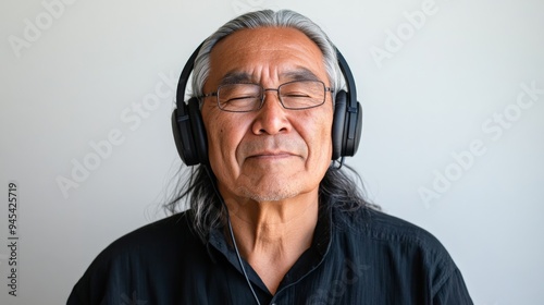 A man with grey hair smiles gently while wearing headphones and shutting his eyes, conveying a sense of ease and pleasure in the serene atmosphere he surrounds himself with.