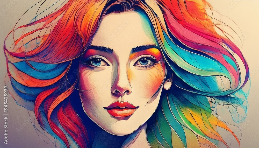 Retro colorful sketch of a pretty woman in profile. Retro colorful sketch of a pretty woman in profile.