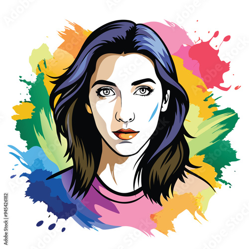 Vibrant woman with serene expression against colorful abstract background, vector illustration photo