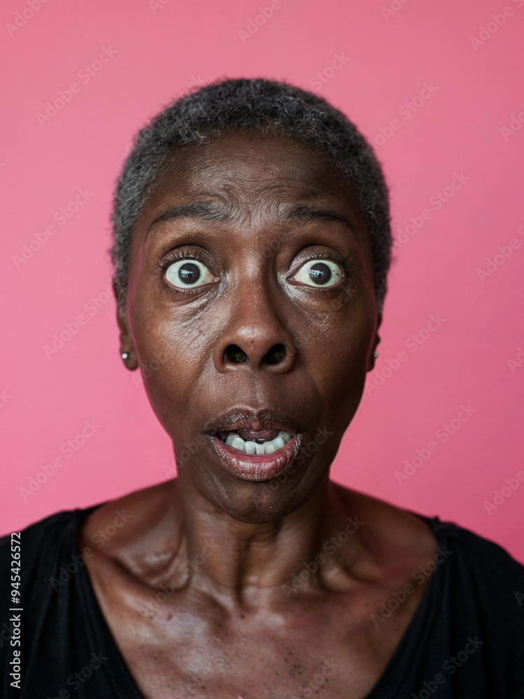 A close-up of a black woman with a surprised expression, wide eyes, and an open mouth. A close-up of a black woman with a surprised expression, wide eyes, and an open mouth.