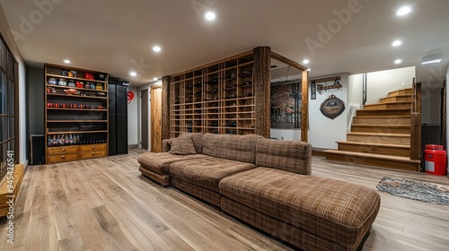 Modern basement living room with a brown couch, a wooden shelf, and stairs.