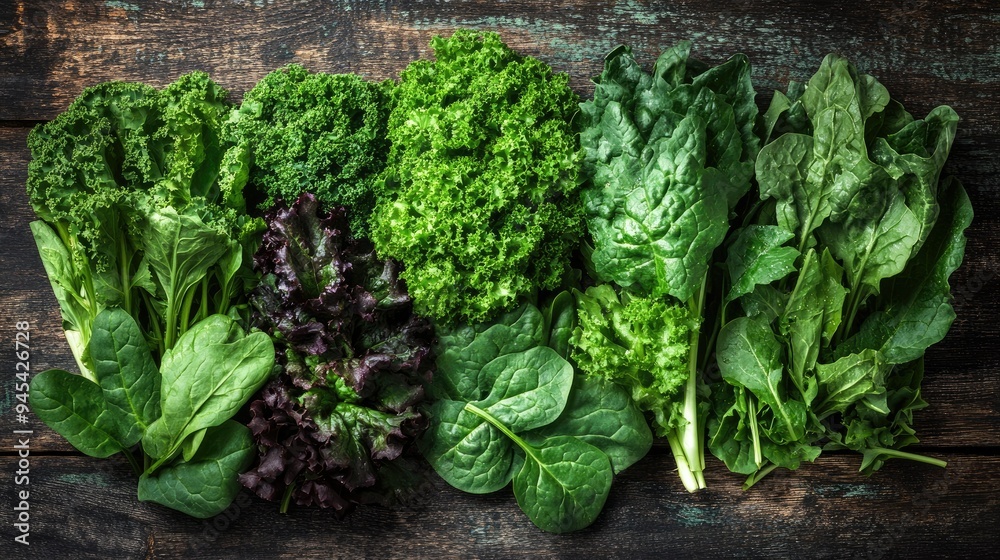 A variety of leafy greens, including kale and spinach, displayed on a rustic wooden table A variety of leafy greens, including kale and spinach, displayed on a rustic wooden table