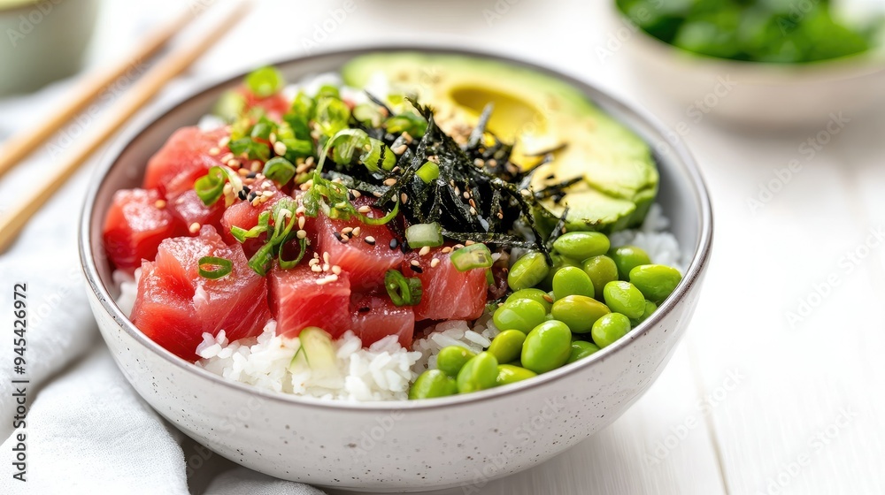 A vibrant bowl of poke with diced raw tuna, avocado, seaweed, edamame, and rice, served with chopsticks on a white table A vibrant bowl of poke with diced raw tuna, avocado, seaweed, edamame, and rice, served with chopsticks on a white table