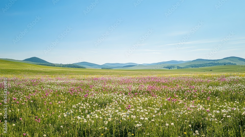 A vibrant green meadow with wildflowers in full bloom under a clear blue sky, with distant rolling hills in the background A vibrant green meadow with wildflowers in full bloom under a clear blue sky, with distant rolling hills in the background