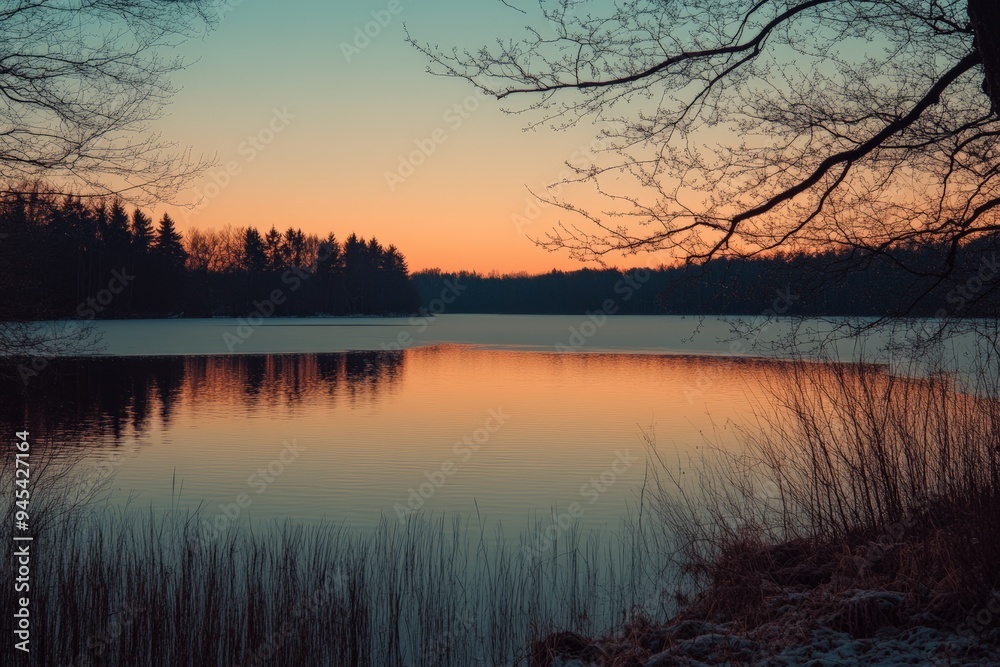 Fototapeta premium The image features a tranquil lake at sunset with a serene and calm atmosphere, surrounded by bare trees creating a reflective and peaceful scene.