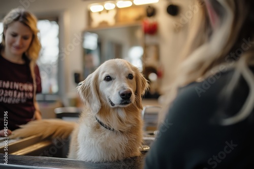 A golden retriever enjoys being groomed in a cozy pet salon. The relaxed atmosphere and caring environment highlight the pet's comfort and the groomer's attentiveness. photo