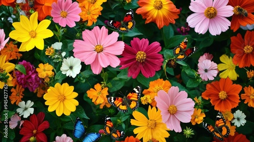 Colorful array of flowers with bees and butterflies feeding on nectar