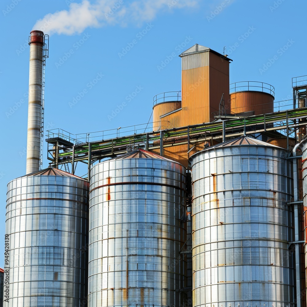 Industrial compound showcasing wood pellet storage silos and prominent smokestack Industrial compound showcasing wood pellet storage silos and prominent smokestack