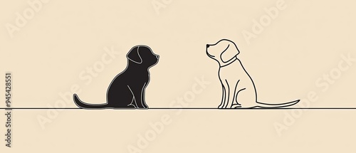 A minimalist illustration of two dogs, one black and one white, facing each other in a simple, elegant design. photo