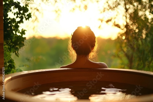 A tranquil wellness center featuring a graceful woman in a wooden cabin, indulging in a detoxifying herbal bath photo