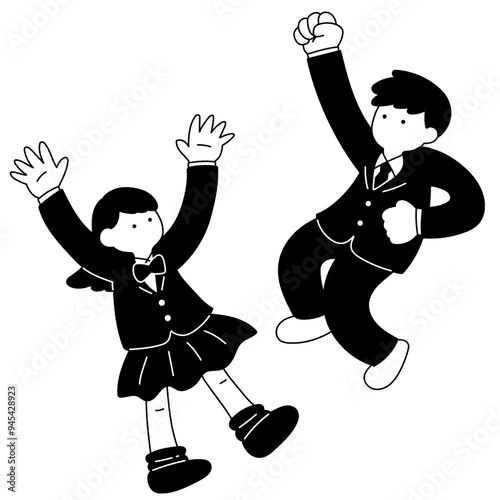 元気いっぱいな学生(男女)の単色イラスト
