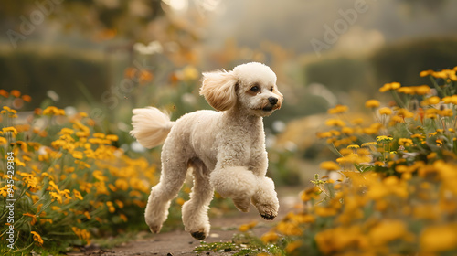 A proud Poodle trotting through a manicured garden, its curly coat perfectly groomed and its head held high, exuding elegance and grace