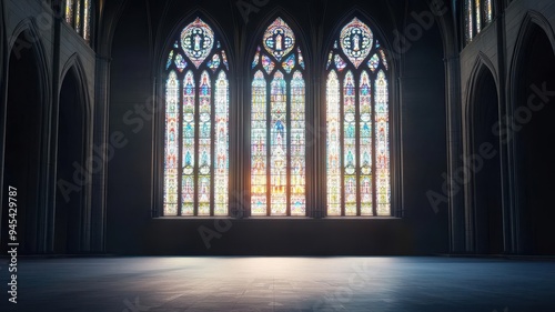 Glowing stained glass windows in a dark cathedral, capturing the light in vibrant colors, sacred glowtime, spiritual and majestic