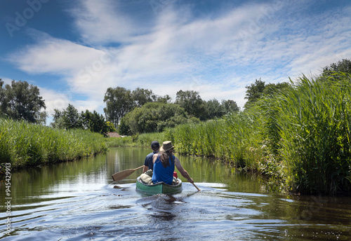 Canoeing at the canals of national park the weerribben / de wieden Overijssel Netherlands. Belt Schutsloot.Canoe.