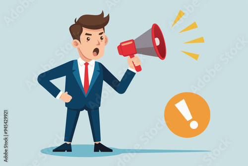 Warning message, shouting alert or danger warning, important message on loud speaker, emergency attention, safety or urgency scream concept, businessman shouting on megaphone with exclamation point
