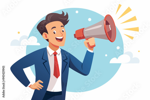 Warning message, shouting alert or danger warning, important message on loud speaker, emergency attention, safety or urgency scream concept, businessman shouting on megaphone with exclamation point
