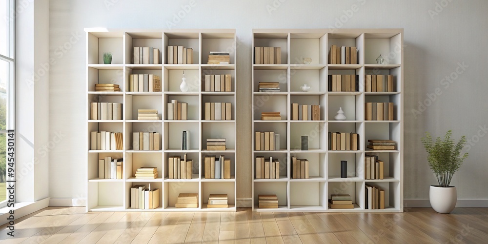 Modern minimalist bookshelf with empty spaces and stacked volumes, rendered in 3D with subtle shadows and natural lighting, against a clean white background. Modern minimalist bookshelf with empty spaces and stacked volumes, rendered in 3D with subtle shadows and natural lighting, against a clean white background.