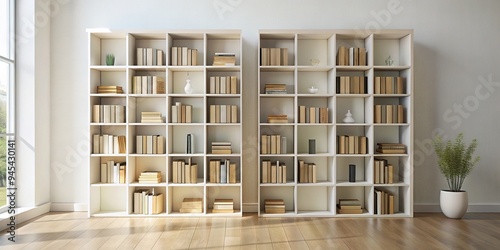 Modern minimalist bookshelf with empty spaces and stacked volumes, rendered in 3D with subtle shadows and natural lighting, against a clean white background. photo