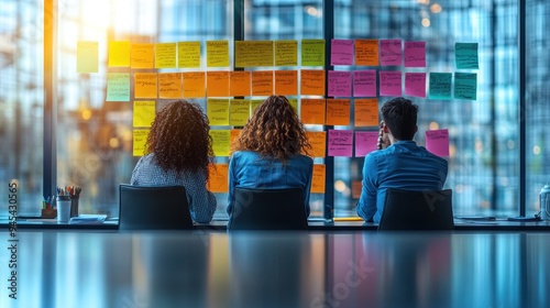 Three People Working on a Project with Sticky Notes photo