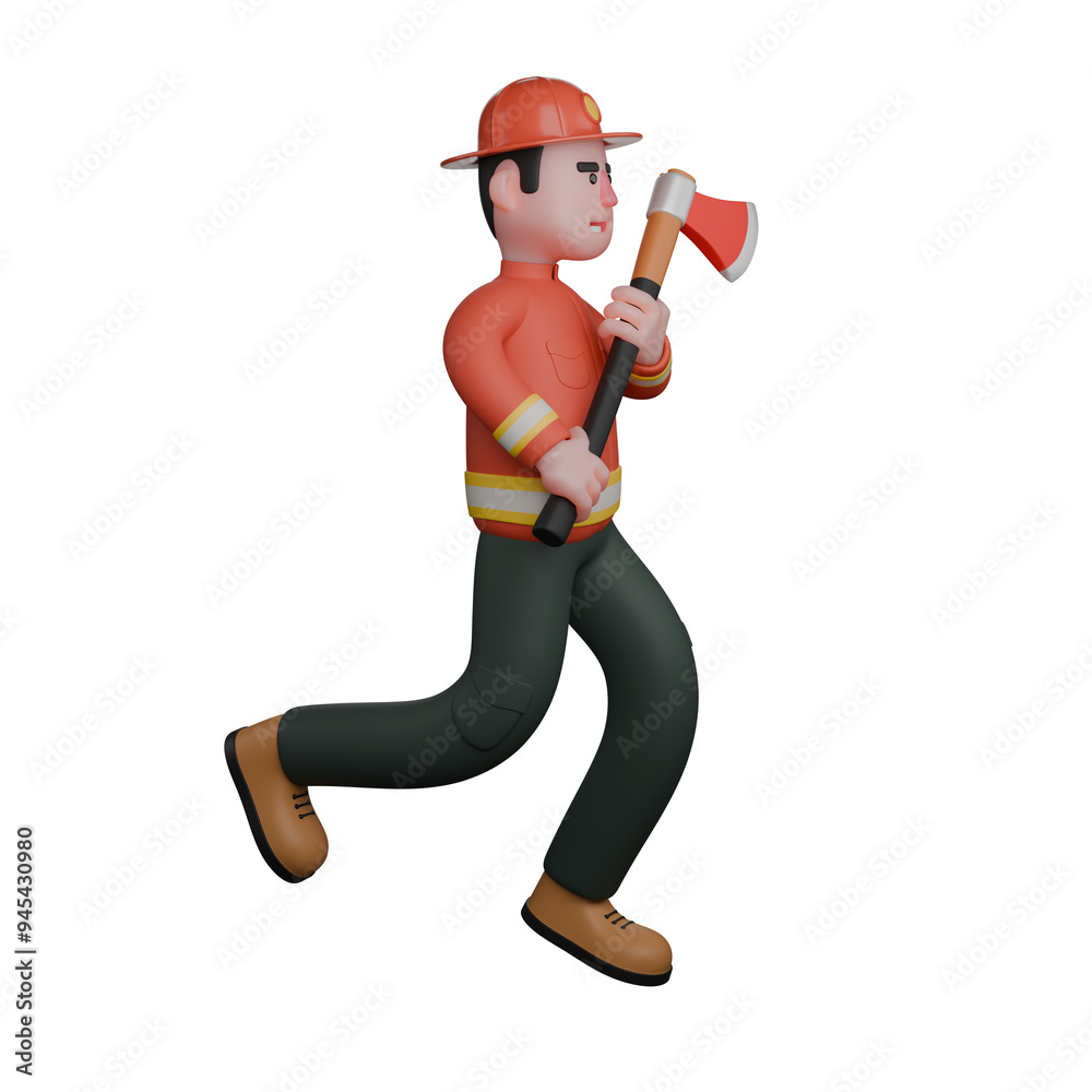 Illustrated Firefighting Expert. A firefighter is running while holding an axe, demonstrating readiness and responsiveness in emergency situations. 3D Male Firefighter