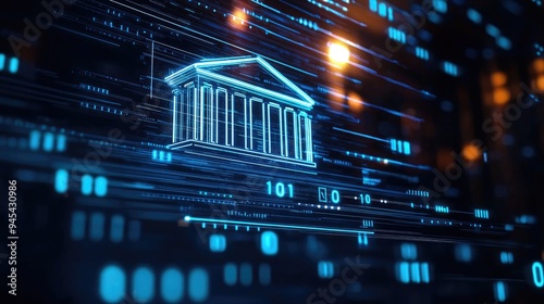 Futuristic digital representation of a government building with data streams symbolizing technology and finance integration.