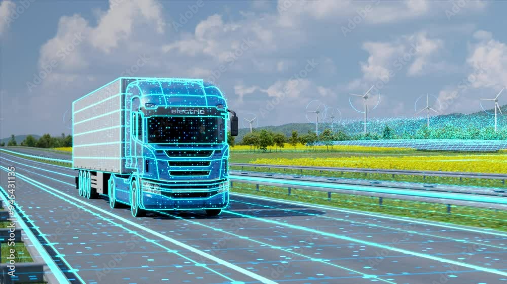 Smart Logistics: Generic autonomous semi truck with cargo trailer driving through green landscape. Scanning and digitalizing effetcs. Future Technology Concept. 3D animation rendering