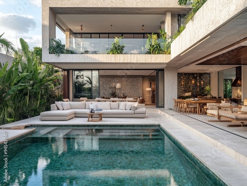 Luxurious bali villa outdoor pool area with modern furniture and tropical landscaping elements