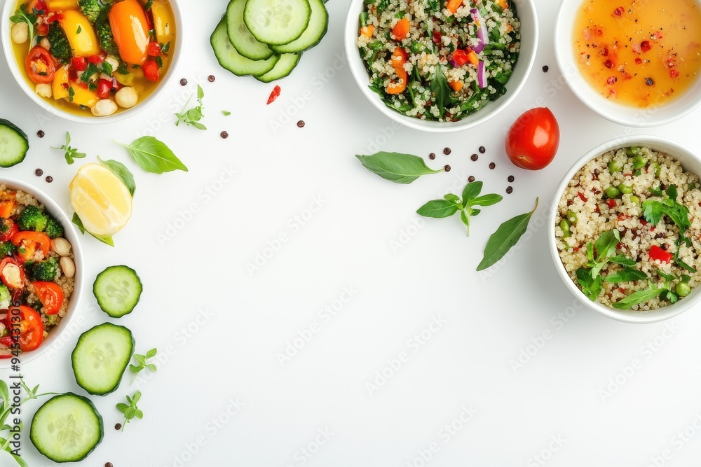 A vibrant display of fresh salads and dressings, perfect for healthy meals. A vibrant display of fresh salads and dressings, perfect for healthy meals.