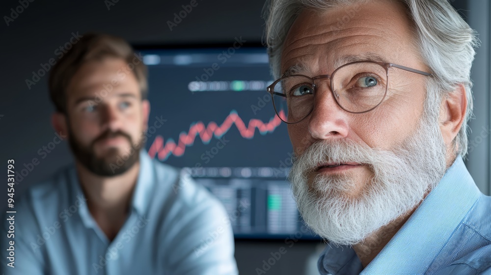 Obraz premium Two professionals in a modern office discussing data trends, showcasing collaboration between generations and expertise.