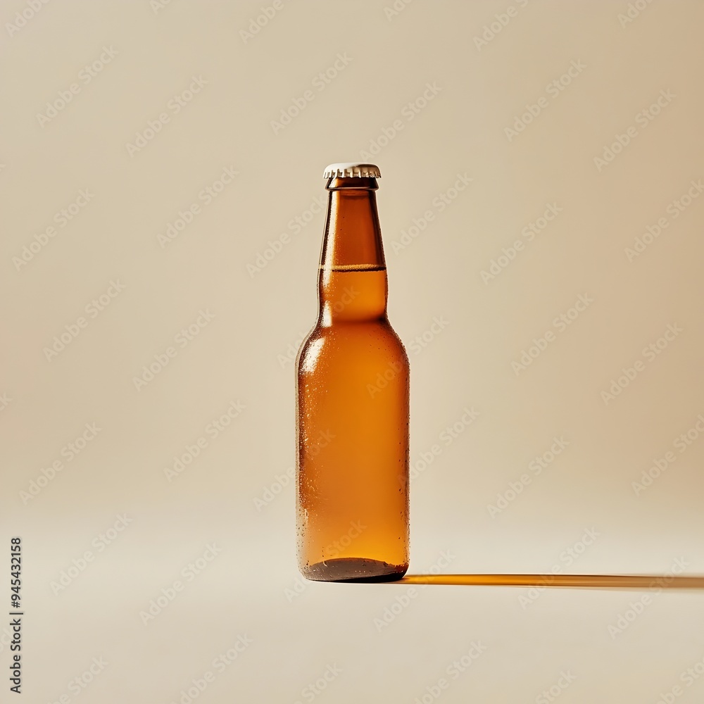 Isolated photograph of a single bottle of beer placed at the center of a light plain background The bottle is transparent with an amber colored liquid inside and a cap on top Isolated photograph of a single bottle of beer placed at the center of a light plain background The bottle is transparent with an amber colored liquid inside and a cap on top