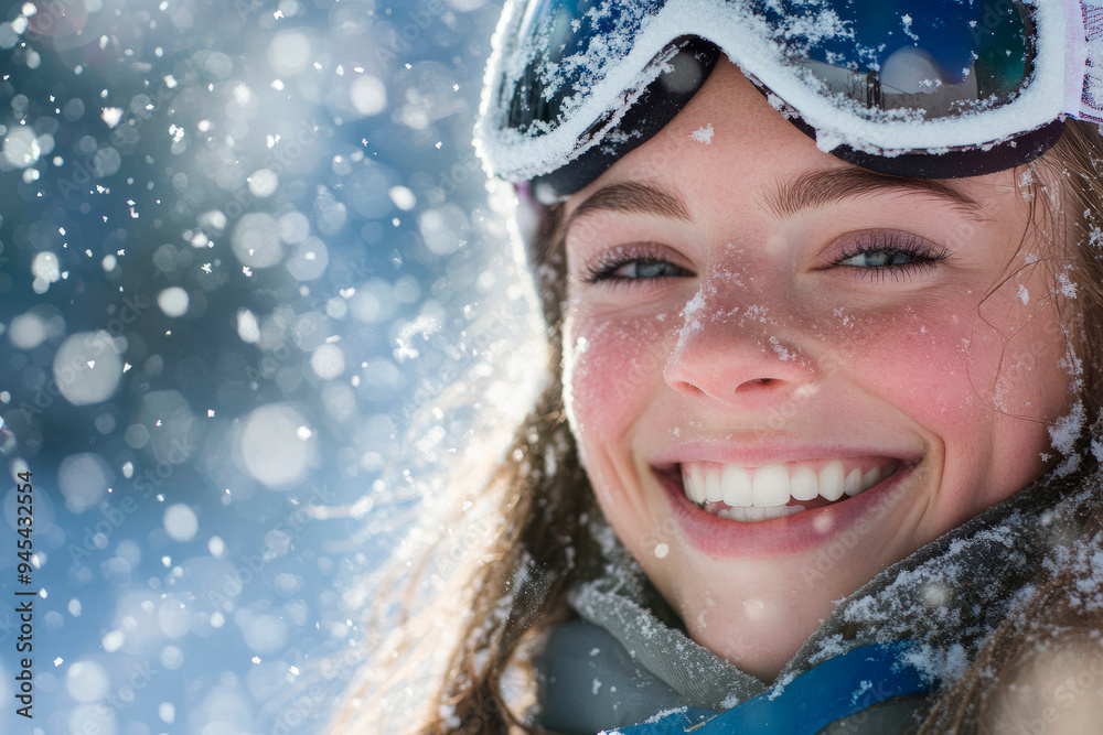 Cheerful skier with snow-covered goggles and bright smile