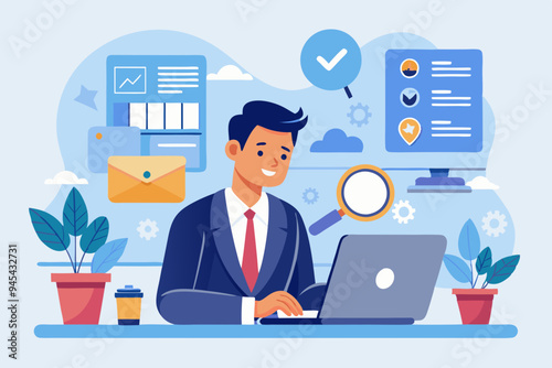 Search or discover new information, find new job or career available, research and analyze information, SEO website optimization, searching concept, businessman search new job on virtual search box.
