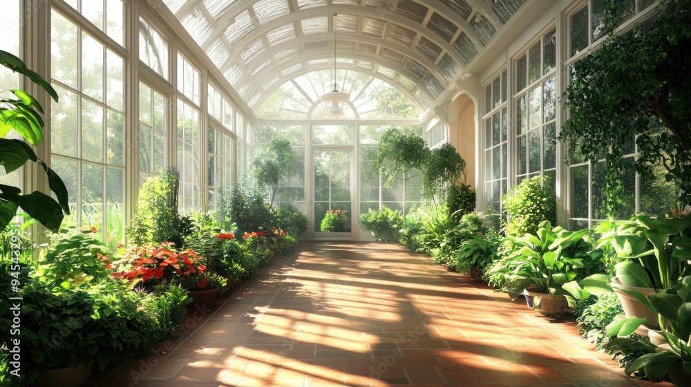 Sunlit Greenhouse Pathway with Lush Foliage. Sunlit Greenhouse Pathway with Lush Foliage.