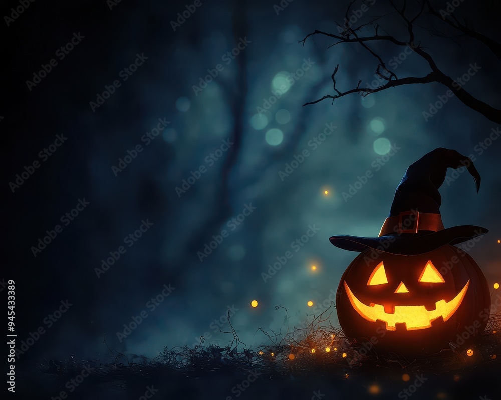 Fototapeta premium A glowing Halloween pumpkin sits in a dark, mystical forest, creating a perfect spooky atmosphere for the festive season.