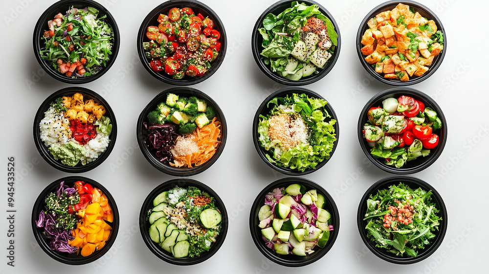 variety of healthy meal bowls arranged in black containers, showcasing different vegetables and leafy greens with coloring on white background