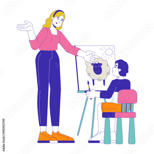 Art teacher giving advice to kid about drawing 2D cartoon characters. Easel boy painting, blonde woman schoolteacher isolated people flat vector on white background. Spot illustration colorful