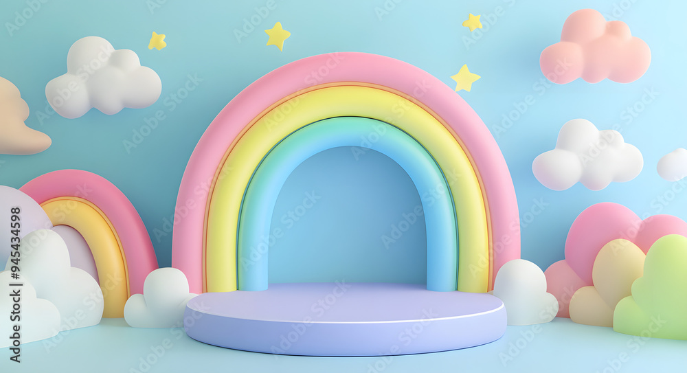 3D Rendering of a Colorful Rainbow-Themed Podium with Multiple Stages and Bright Colors, Representing Vibrant and Festive Atmospheres, Ideal for Depicting Themes of Celebration, Awards, and Event Desi 3D Rendering of a Colorful Rainbow-Themed Podium with Multiple Stages and Bright Colors, Representing Vibrant and Festive Atmospheres, Ideal for Depicting Themes of Celebration, Awards, and Event Desi